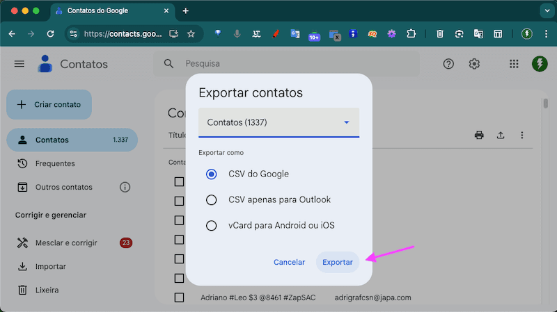 Exportação Google Contatos - InChats